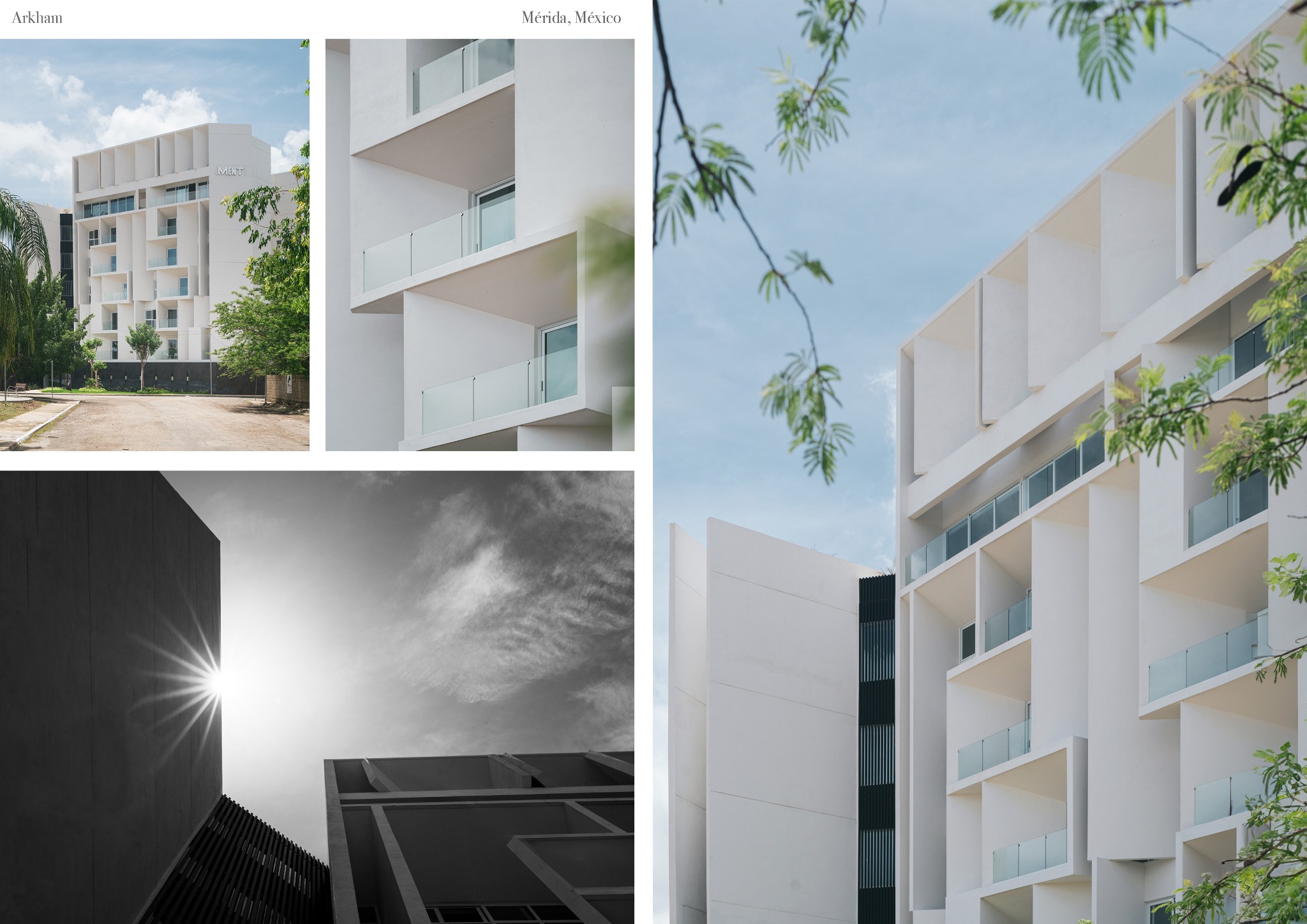 Kolaż: nowoczesny, biały budynek z balkonami i szklanymi balustradami, ujęty z różnych perspektyw, w tym zbliżenie na detale architektoniczne i kontrastowe czarno-białe ujęcie.