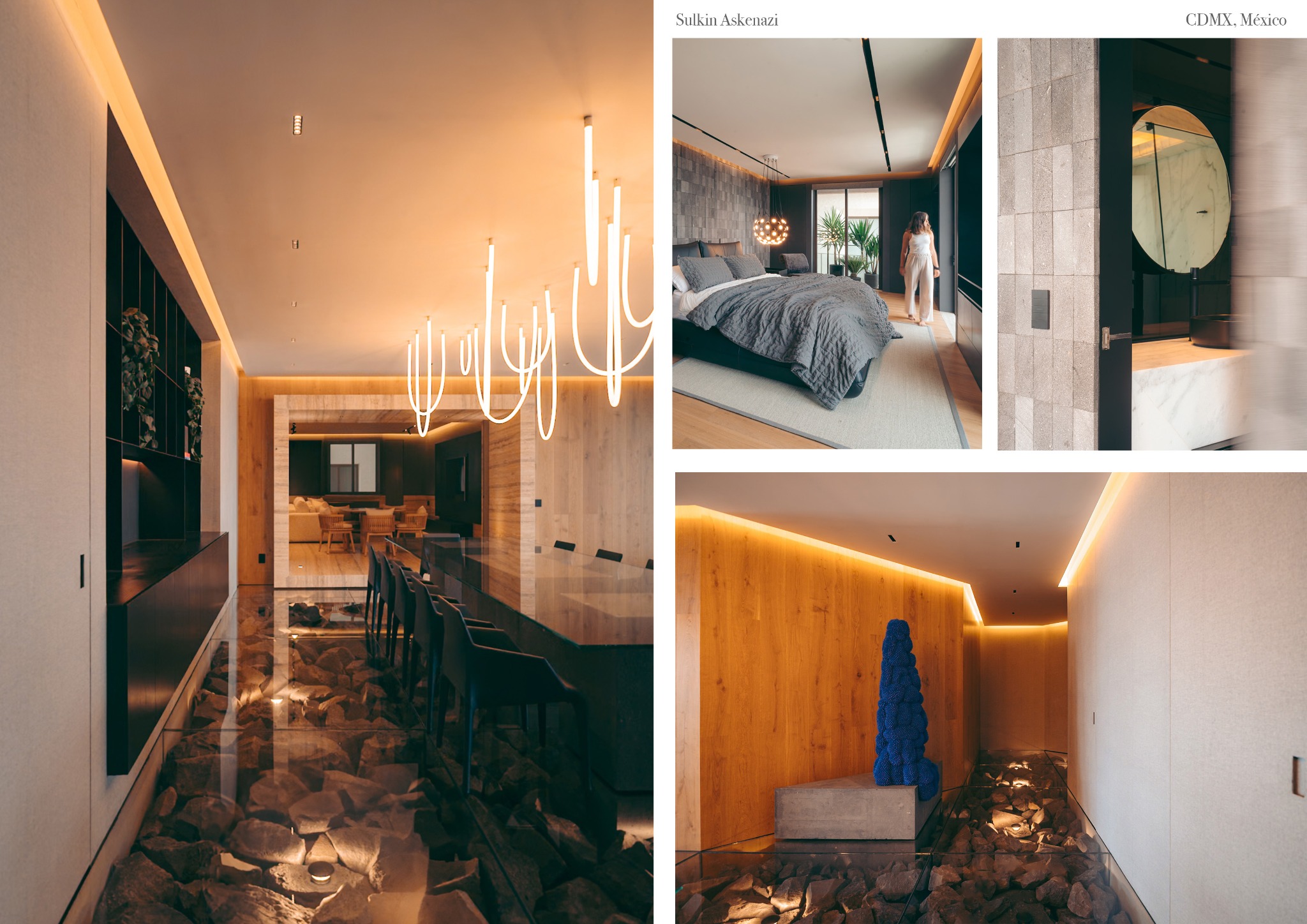 Ekskluzywne wnętrze: salon z przeszkloną podłogą, sypialnia z łazienką. Nowoczesny design, oświetlenie LED, kamienna podłoga. Projekt Sulkin Askenazi, CDMX, Meksyk.
