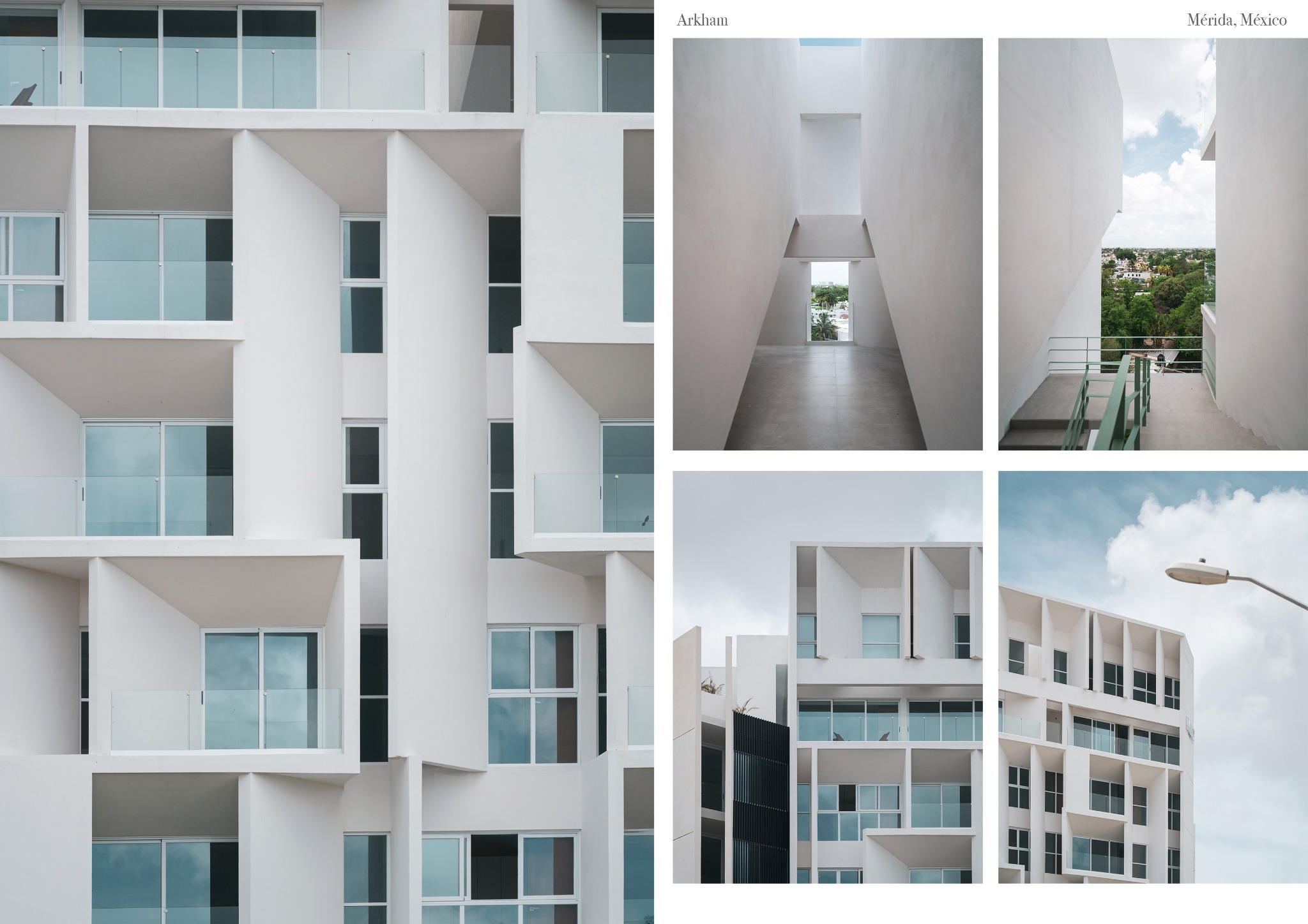 Minimalistyczna architektura: biały budynek z geometrycznymi balkonami i szklanymi balustradami, uchwycony w kolażu z różnymi perspektywami i detalami.