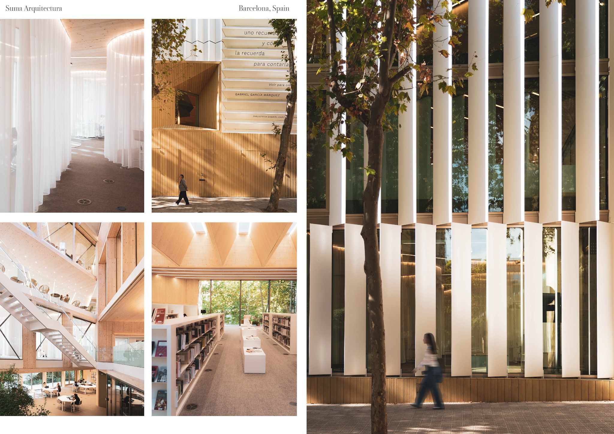 Nowoczesna architektura biblioteki w Wieliczce. Jasne drewno, minimalistyczny design, duże okna i naturalne światło. Widok z zewnątrz i wnętrza budynku.