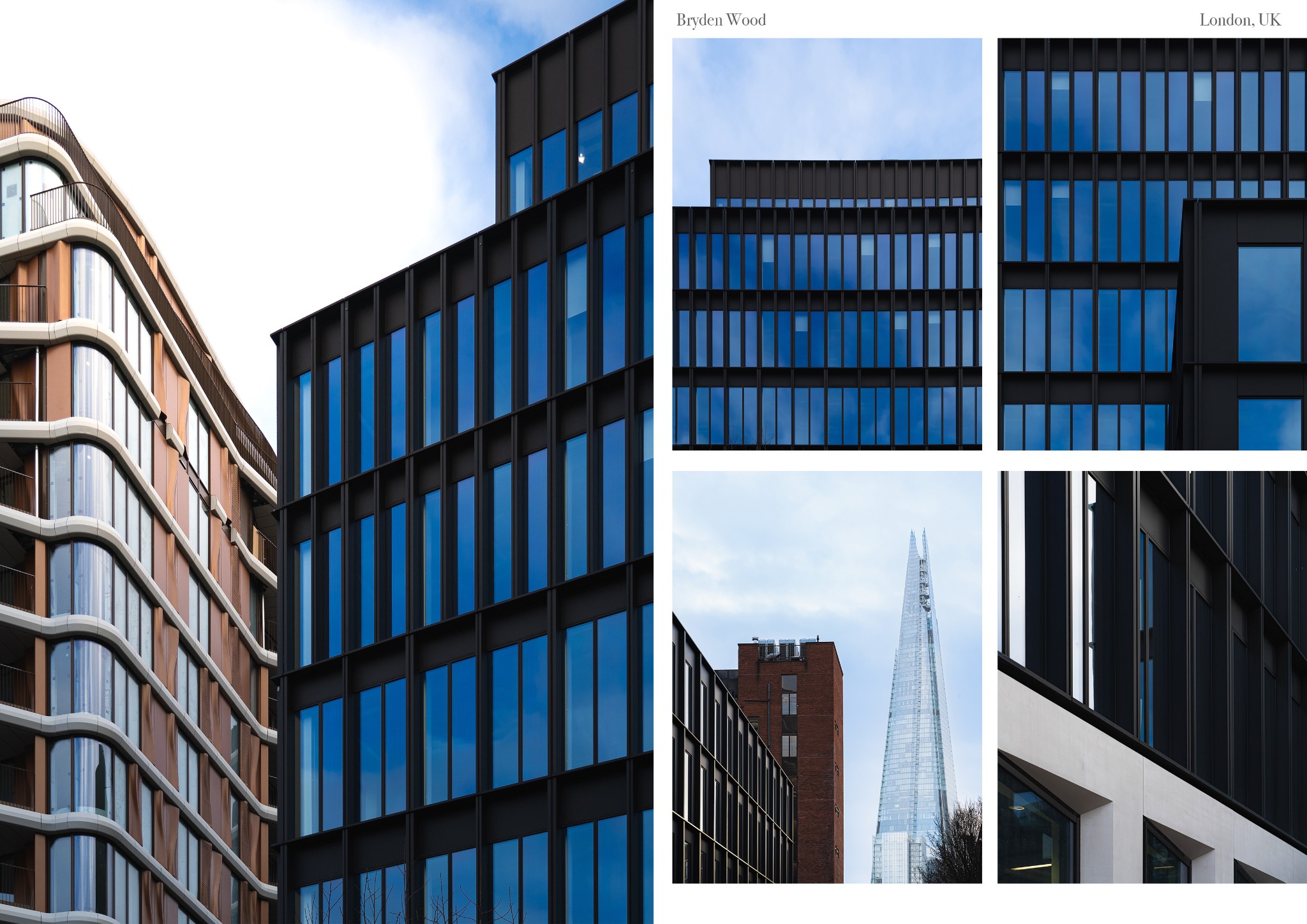 Bryden Wood, Londyn: Nowoczesna architektura z budynkami o różnych fasadach - szklanej i z metalową konstrukcją. W tle widoczny The Shard.
