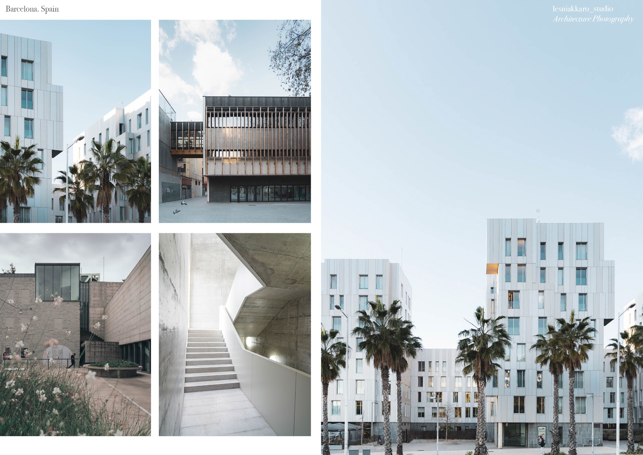 Kolaż z czterech ujęć architektury w Barcelonie: nowoczesne budynki z palmami, betonowe schody, fasada z drewnianymi elementami i budynek z kwiatami na pierwszym planie.