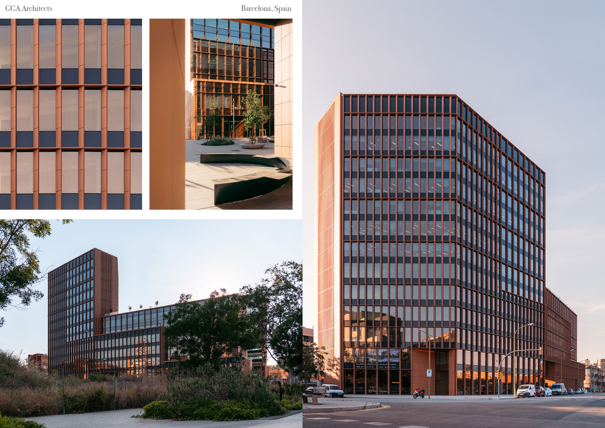 Nowoczesny budynek biurowy w Barcelonie z charakterystyczną fasadą z brązowych ram okiennych i szklanych paneli, otoczony zielenią i elementami małej architektury.