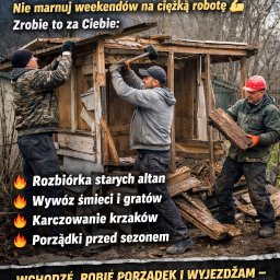NAOMI TRANSPORT - Rozbiórka altany w toku: trzech mężczyzn demontuje konstrukcję młotami. Widoczne porozrzucane deski i elementy konstrukcyjne. Reklama usług porządkowych na działce.