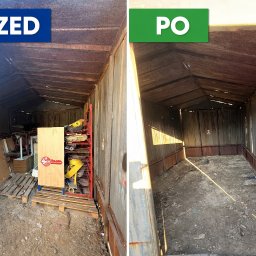 NAOMI TRANSPORT - Zdjęcie 'przed i po' przedstawia wnętrze metalowego garażu: zagracone przedmioty i puste, wysprzątane wnętrze. Widoczne ślady rdzy i ziemista podłoga.