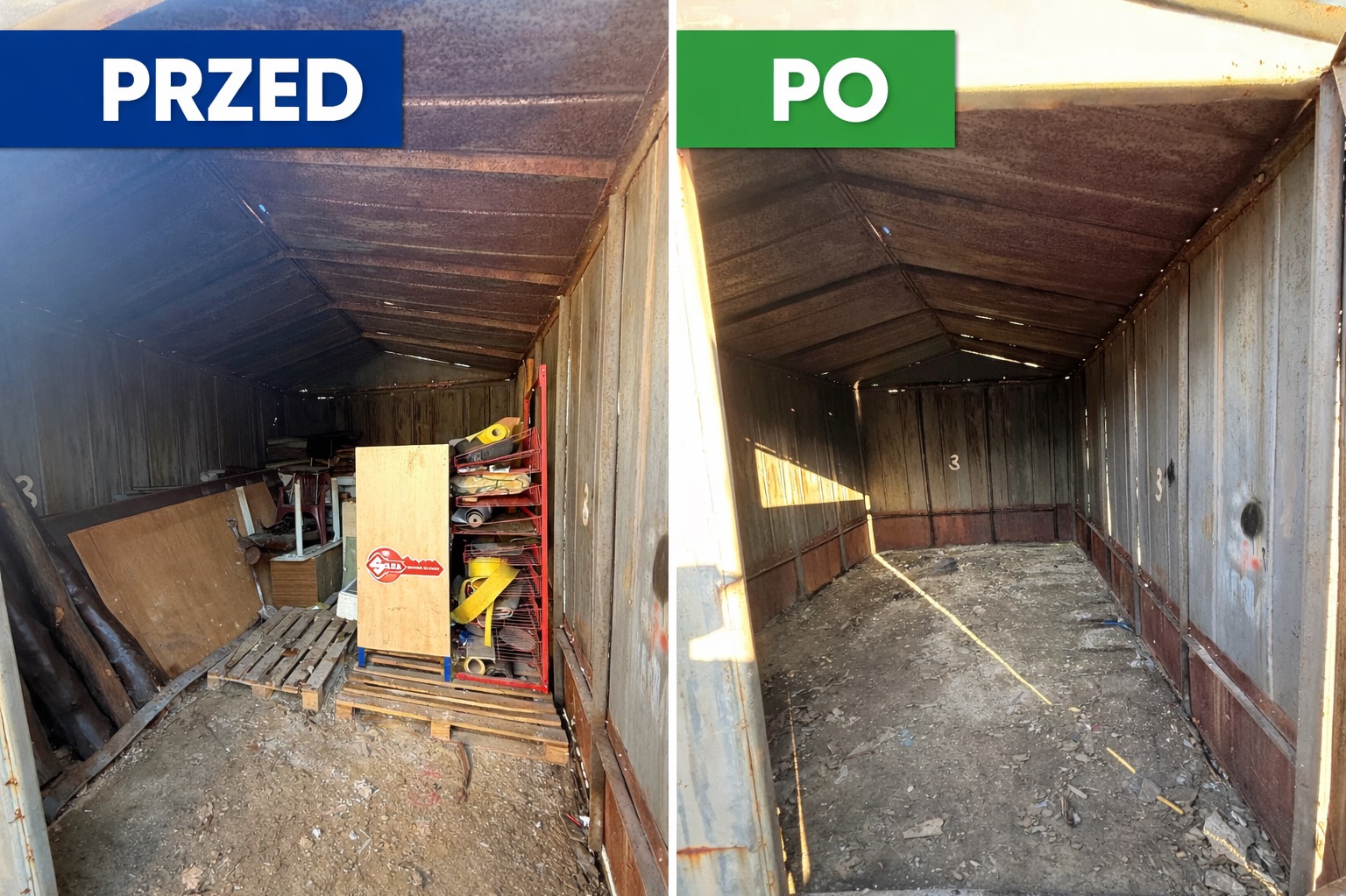 Zdjęcie 'przed i po' przedstawia wnętrze metalowego garażu: zagracone przedmioty i puste, wysprzątane wnętrze. Widoczne ślady rdzy i ziemista podłoga.