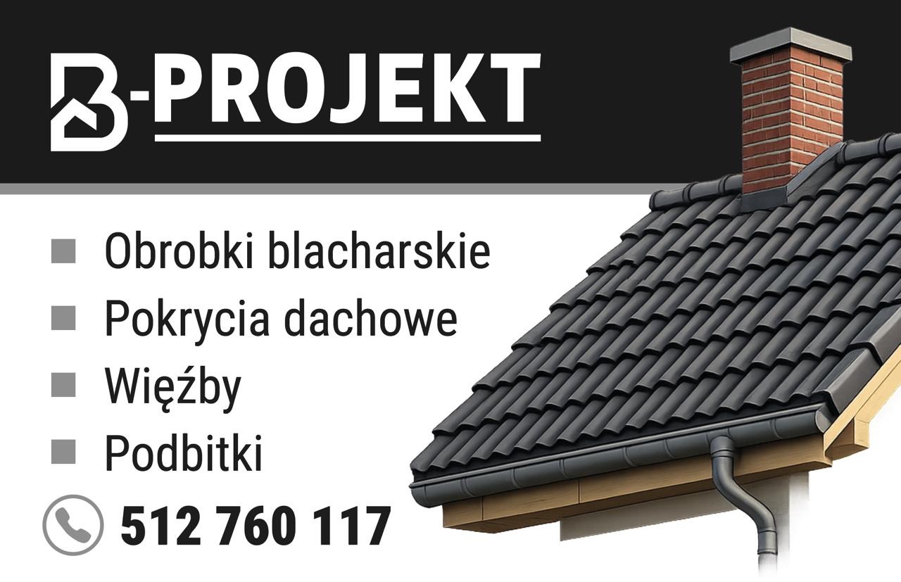 Ciemna dachówka ceramiczna na skośnym dachu z ceglanym kominem i orynnowaniem, logo firmy dekarskiej w tle. Prezentacja usług dekarskich.