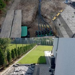 Automatyczne nawadnianie ogrodów.Marcin Chądzyński - Montaż systemu nawadniania w ogrodzie: wykop z rurami i zraszaczami, widok na trawnik i kostkę brukową. Prace ziemne w toku, widoczni pracownicy.