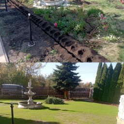 Automatyczne nawadnianie ogrodów.Marcin Chądzyński - Dwuobrazowe ujęcie ogrodu: górne pokazuje wykop pod instalację oświetleniową, dolne - zielony trawnik z fontanną, drzewami i ogrodzeniem. Widok na ogród.