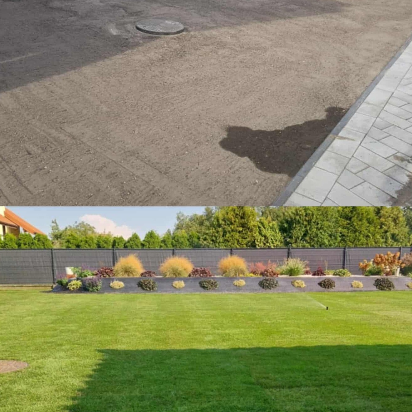 Zdjęcie 'przed i po' ukazujące teren przygotowany pod trawnik i efekt finalny z zieloną trawą, rabatami kwiatowymi i systemem nawadniania.