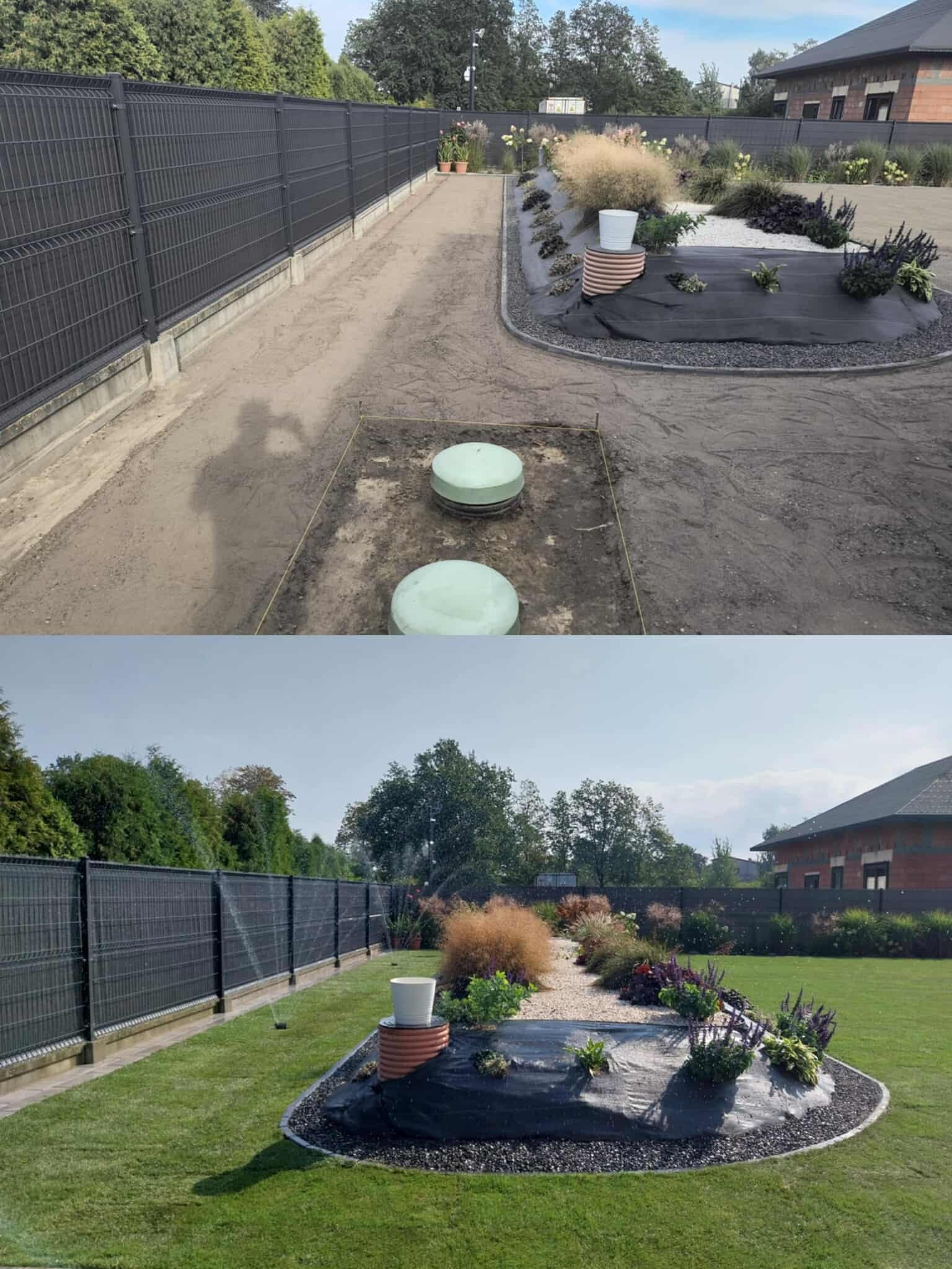 Zdjęcie 'przed i po' ukazujące transformację terenu: od przygotowanego gruntu z elementami instalacji do zagospodarowanego ogrodu z roślinami i trawnikiem.