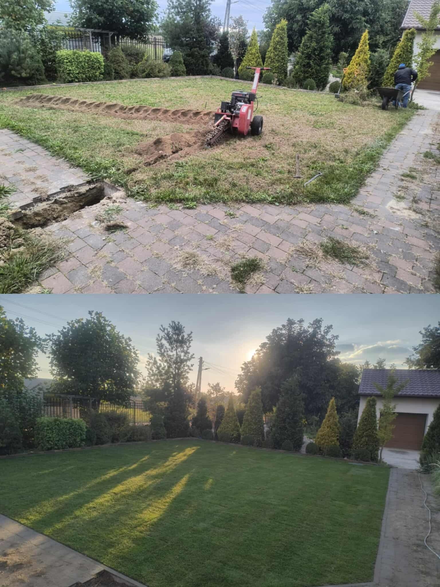 Dwa ujęcia ogrodu: górne ukazuje wykopane rowy i maszynę do wykopów, dolne prezentuje równy, zielony trawnik po zakończeniu prac. Widok z góry.