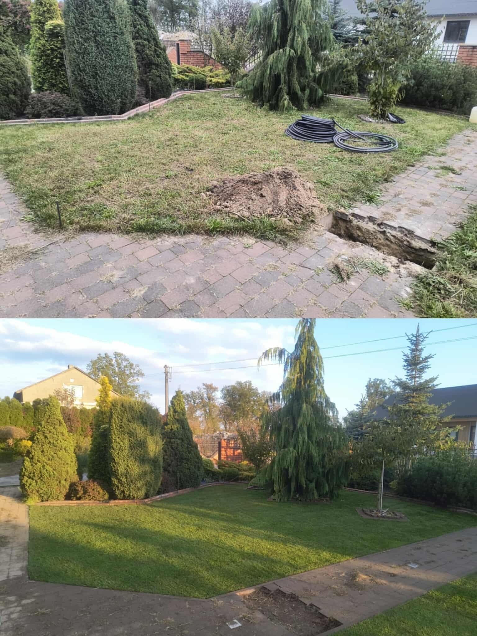 Zdjęcie 'przed i po' ukazujące transformację ogrodu: od ziemi z wykopem i rurami do nawadniania, po równy trawnik z zieloną trawą i uporządkowaną przestrzenią.