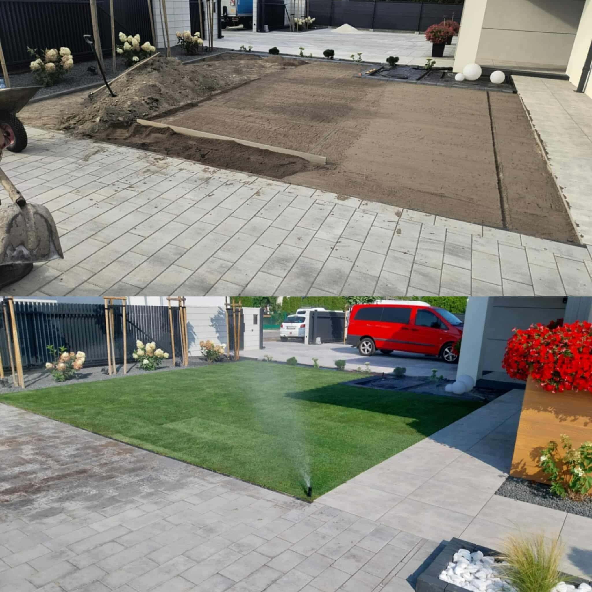 Zdjęcie 'przed i po' ukazuje etap przygotowania podłoża i efekt finalny z zielonym trawnikiem, systemem nawadniania i ozdobnymi roślinami. Widoczny wózek i narzędzia.