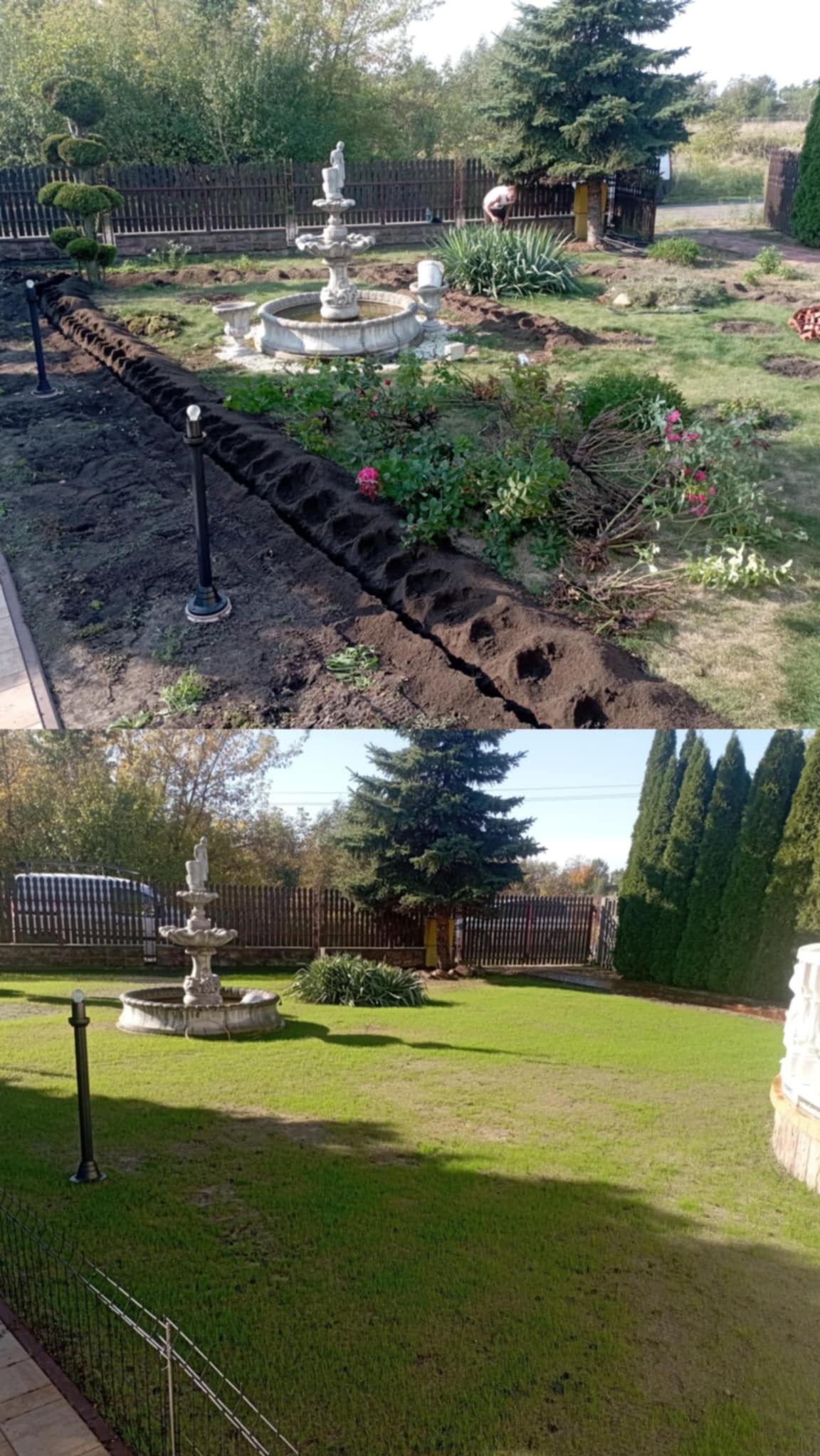Dwuobrazowe ujęcie ogrodu: górne pokazuje wykop pod instalację oświetleniową, dolne - zielony trawnik z fontanną, drzewami i ogrodzeniem. Widok na ogród.