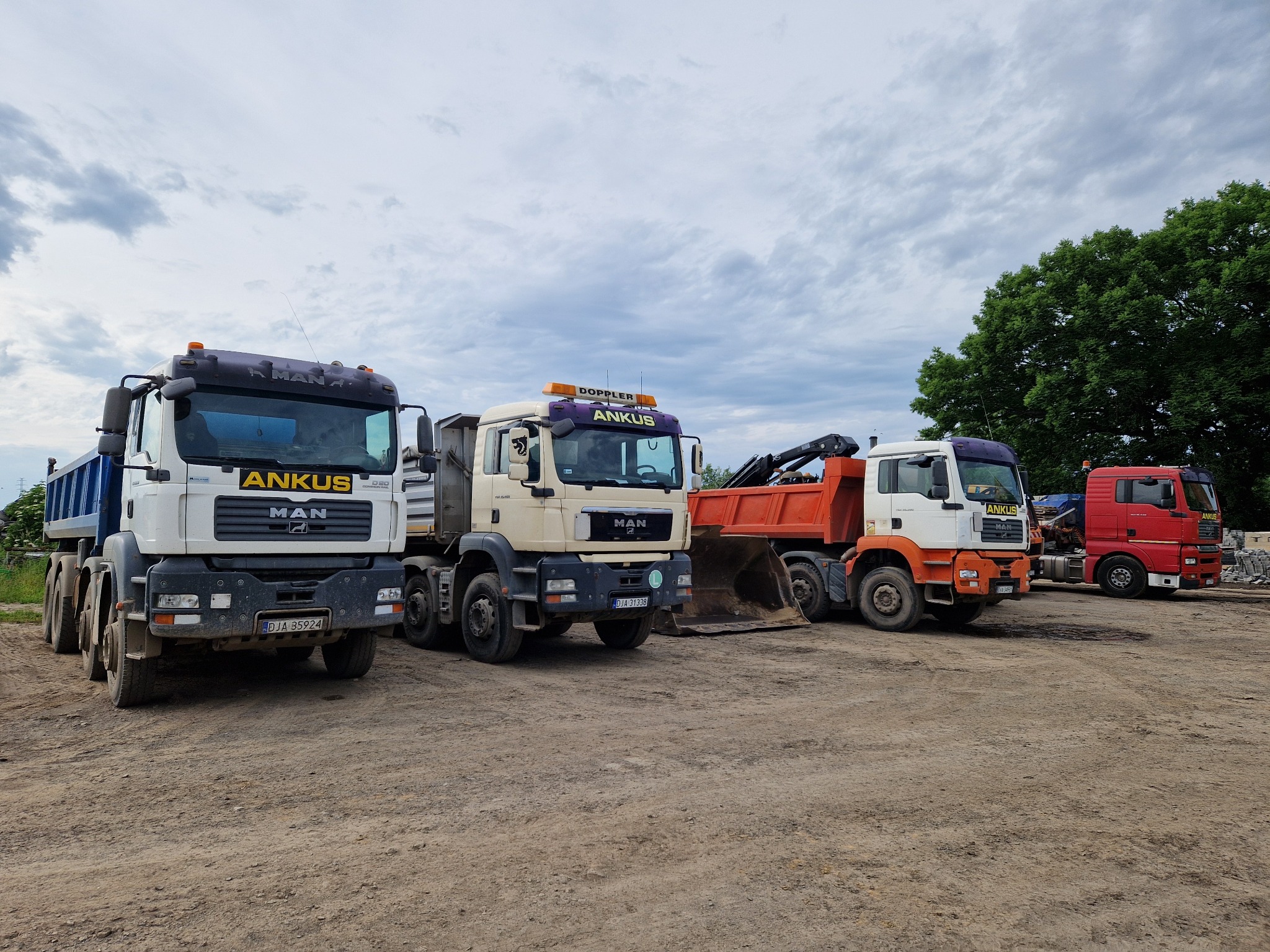 Flota czterech ciężarówek MAN, w tym wywrotki i pojazd z łyżką, zaparkowana na placu budowy pod pochmurnym niebem. Widoczne logo firmy ANKUS na pojazdach.