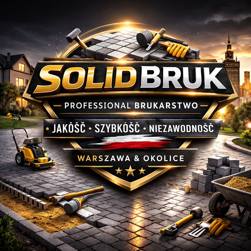 Grafika reklamowa firmy brukarskiej Solid Bruk z Warszawy. Widoczna kostka brukowa, narzędzia brukarskie, zagęszczarka i logo firmy na tle panoramy miasta.