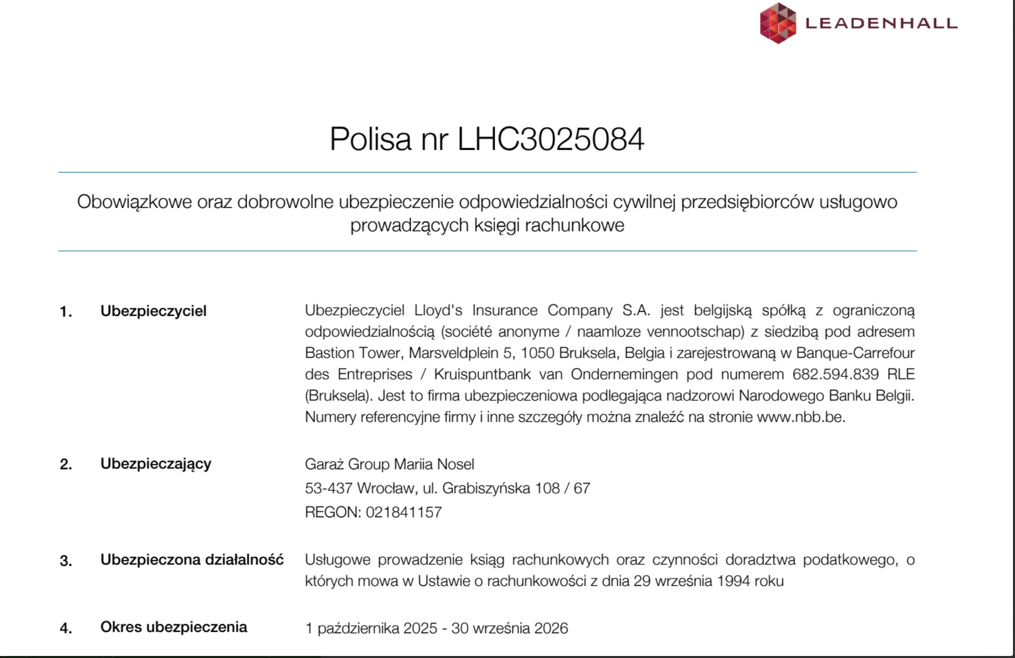 Ubezpieczenie mojej działalności.