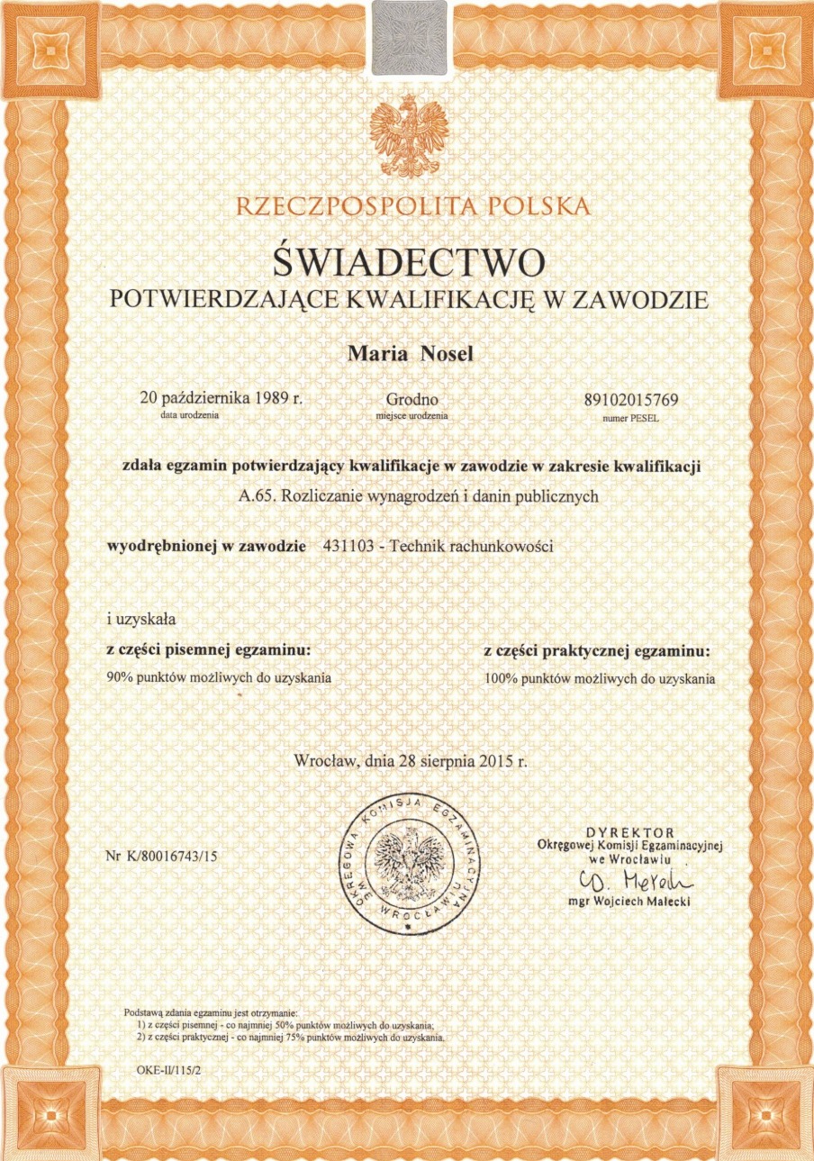 Świadectwo Technik Rachunkowości