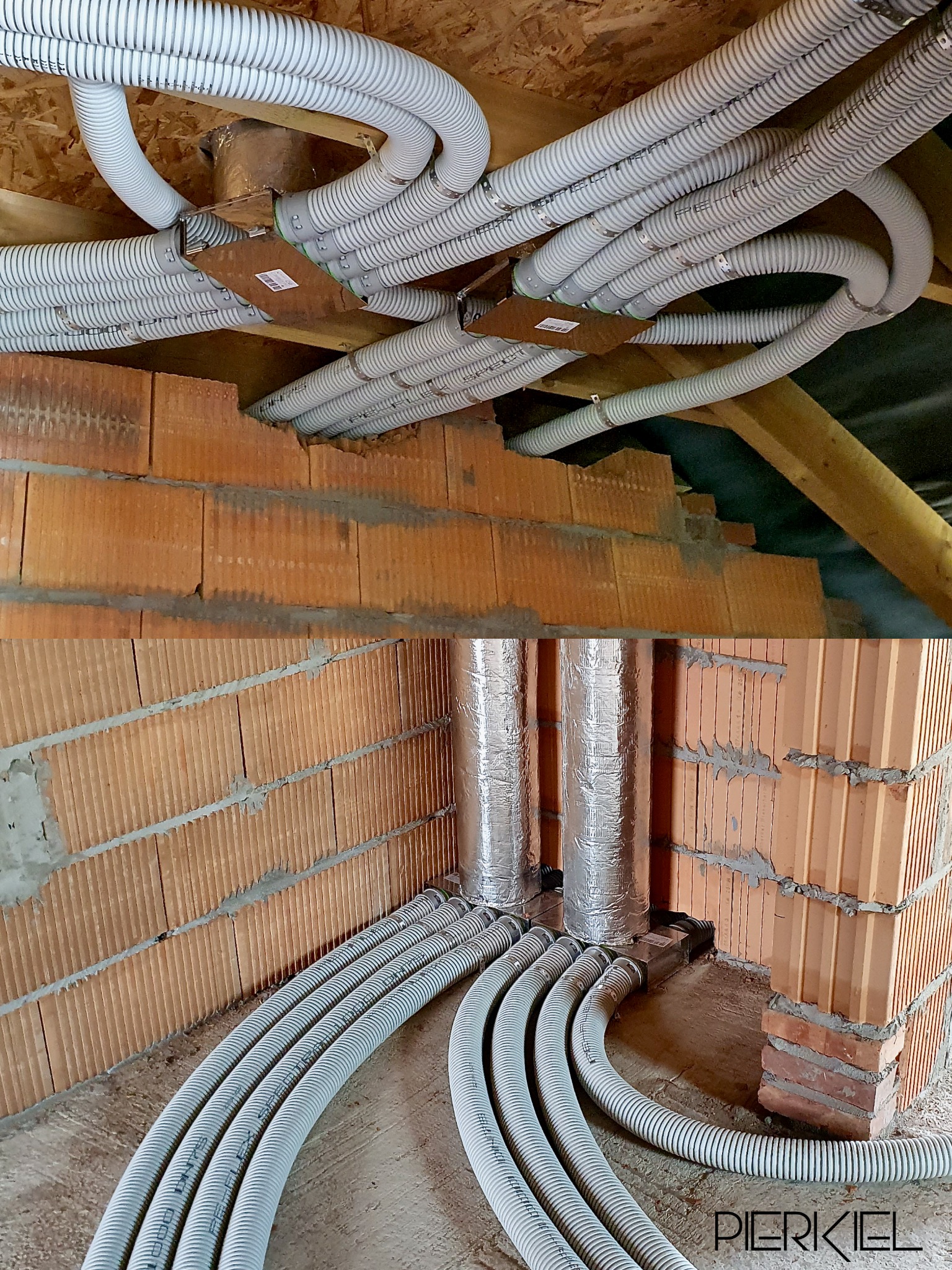 Szczegółowe ujęcie instalacji wentylacyjnej z licznymi, elastycznymi przewodami w budynku z cegły, ukazujące zaawansowany etap montażu systemu rekuperacji.