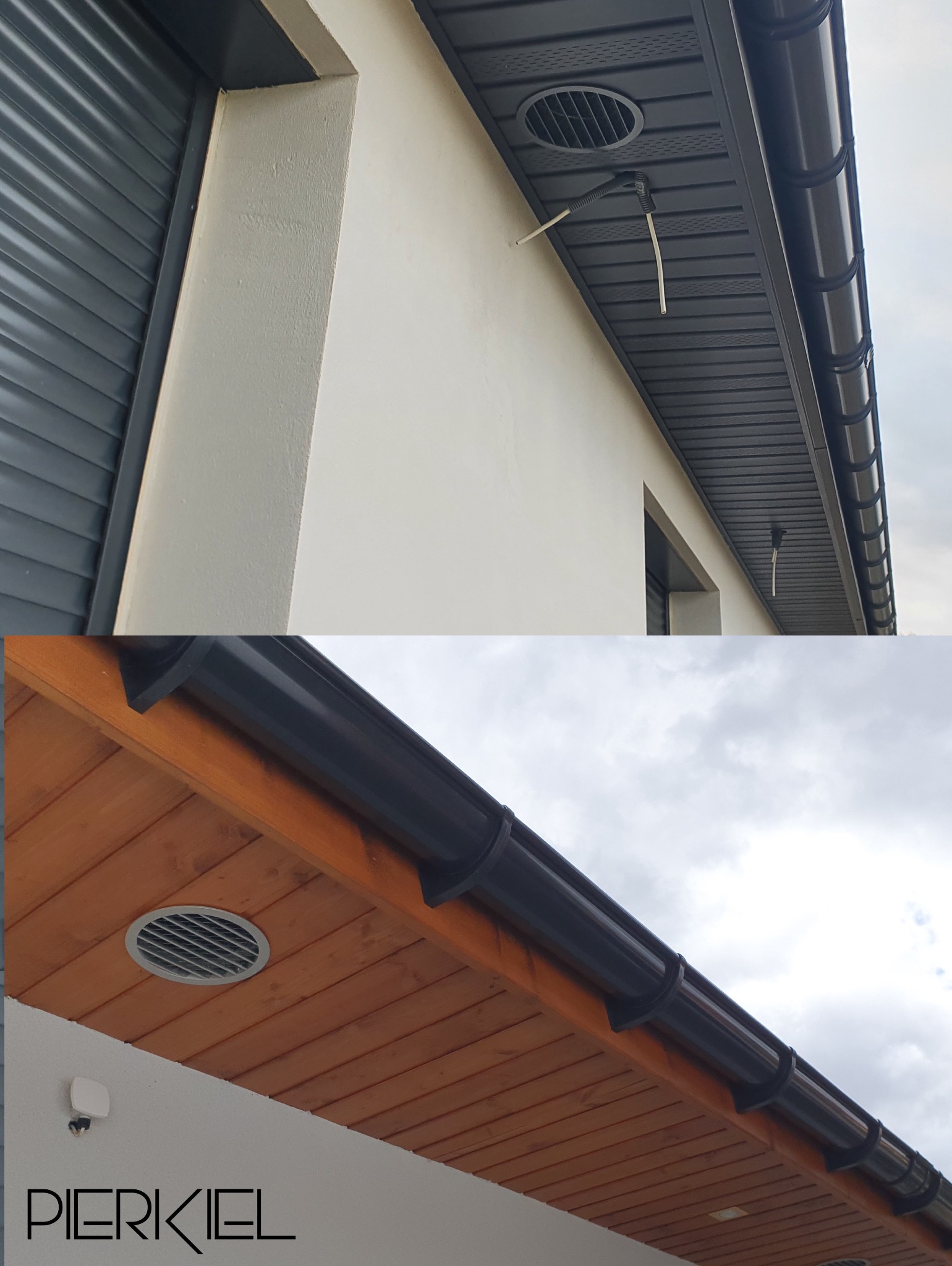 Szczegółowe ujęcie wentylacji zewnętrznej z widocznymi przewodami, zamontowanej pod okapem budynku z drewnianą boazerią. Widoczne orynnowanie.