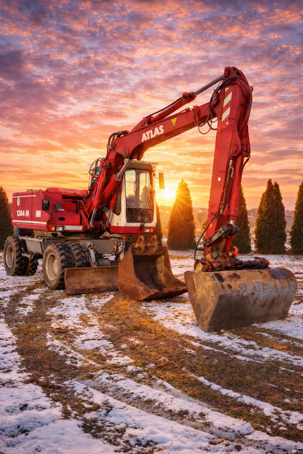 Czerwona koparka Atlas 1304 M na tle zachodzącego słońca i rzędu drzew iglastych. Ślady opon na ziemi pokrytej resztkami śniegu.