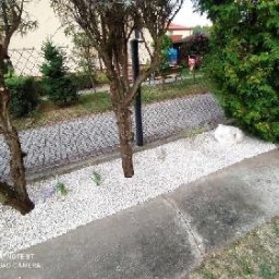 Sobolinhooo - Obrzeże rabaty z białego kamienia oddzielone od trawnika betonową opaską, z widocznymi drzewami i tujami w tle, tworzące estetyczny element ogrodu.