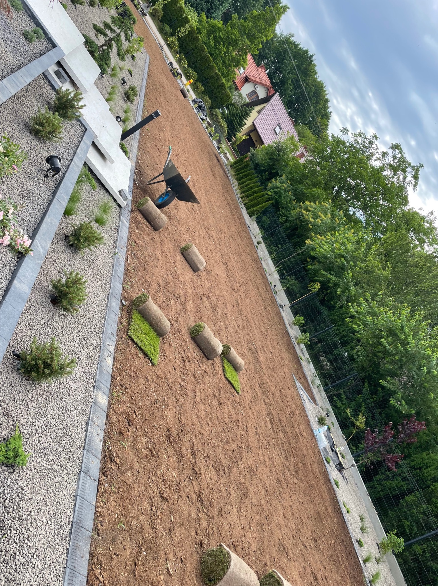 Rozwinięta trawa z rolki na przygotowanym podłożu, widoczne rolki trawy, taczka i fragment ogrodu z roślinami ozdobnymi. Ujęcie z góry, ukośne.