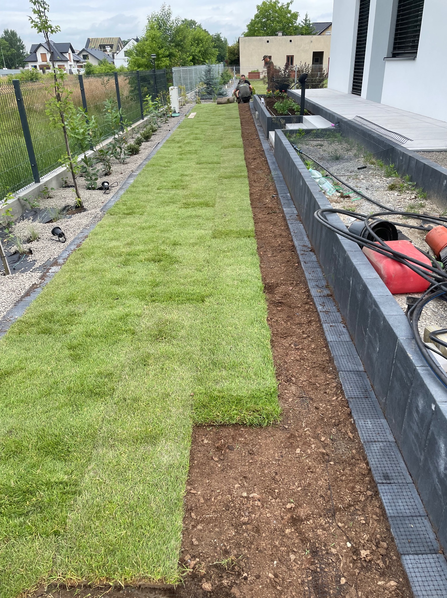 Układanie trawy z rolki wzdłuż nowoczesnego domu. Widoczny fragment ułożonej trawy i przygotowane podłoże. W tle pracownik i narzędzia ogrodnicze.