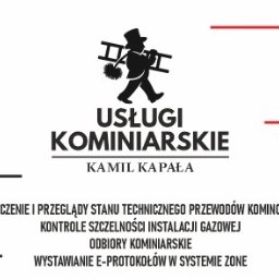 Grafika z sylwetką kominiarza, napisem 'Usługi Kominiarskie Kamil Kapała' oraz listą usług: czyszczenie, przeglądy, kontrole szczelności, odbiory, e-protokoły.