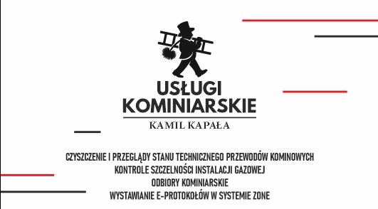 Grafika z sylwetką kominiarza, napisem 'Usługi Kominiarskie Kamil Kapała' oraz listą usług: czyszczenie, przeglądy, kontrole szczelności, odbiory, e-protokoły.