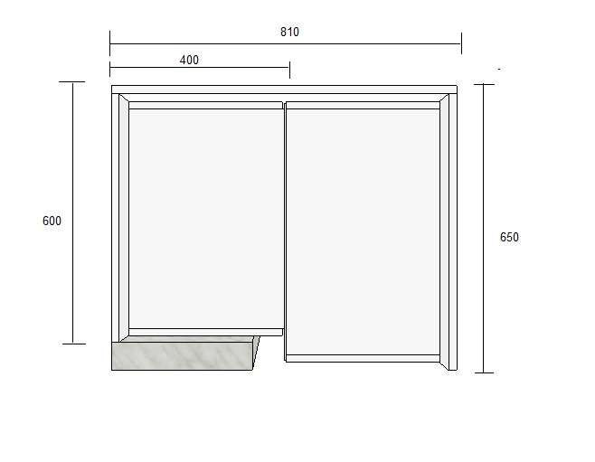 Schemat szafy narożnej z przesuwnymi drzwiami, z podanymi wymiarami: wysokość 600/650, szerokość 400/810. Widok z góry, minimalistyczny styl.