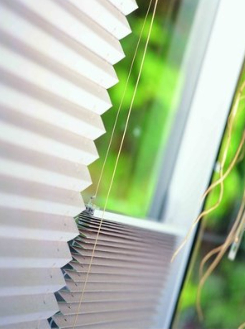 Delikatne, białe plisy okienne z cienkimi sznurkami na tle rozmytej zieleni za oknem, uchwycone z bliska pod kątem, ukazujące strukturę materiału.