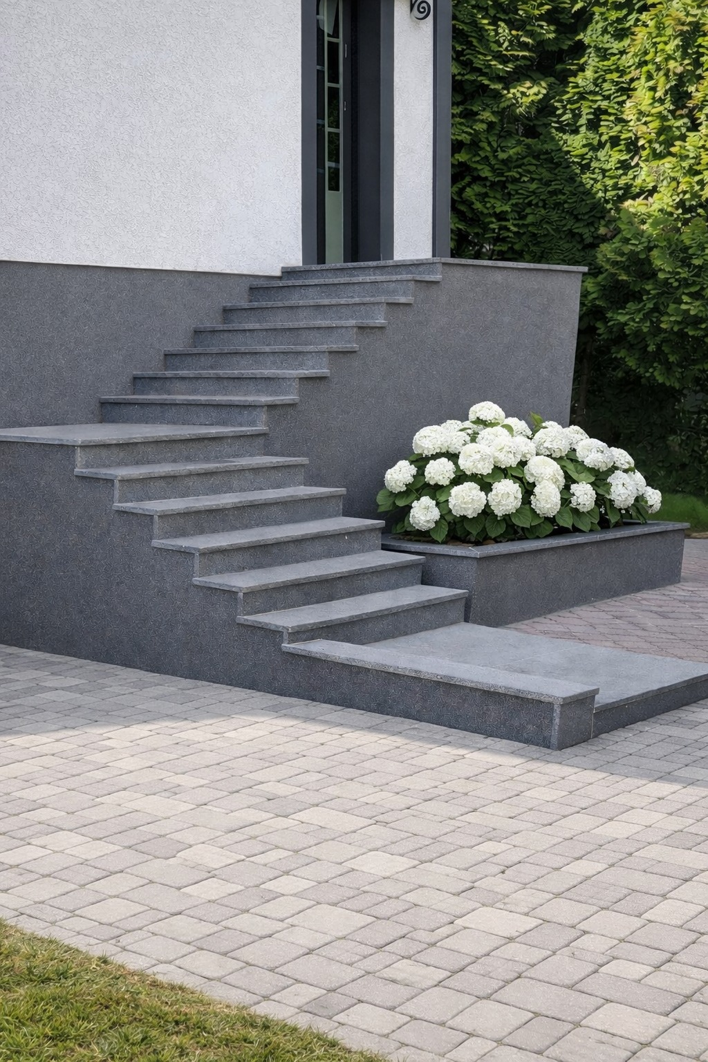 Zewnętrzne schody z szarego kamienia prowadzą do drzwi wejściowych. Obok schodów rosną białe hortensje w kamiennej donicy. Brukowana ścieżka prowadzi do schodów.