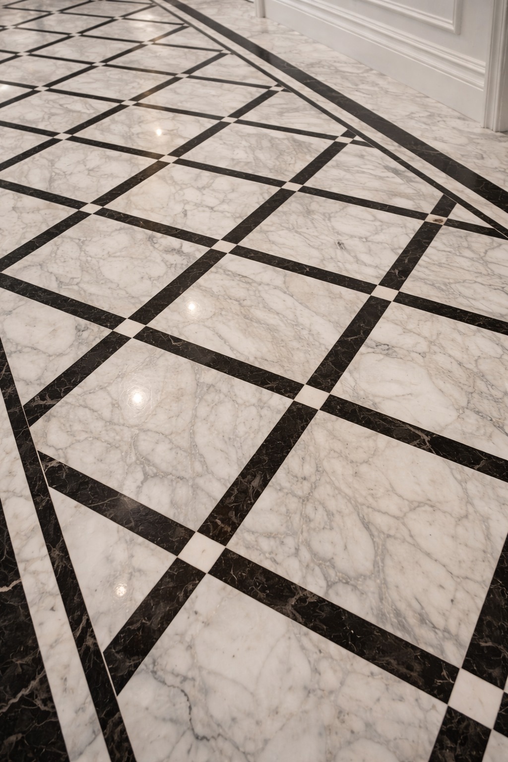 Marmurowa podłoga w szachownicę z czarnymi akcentami, widok z perspektywy podłogi, eleganckie wykończenie wnętrza z listwą przypodłogową w tle.