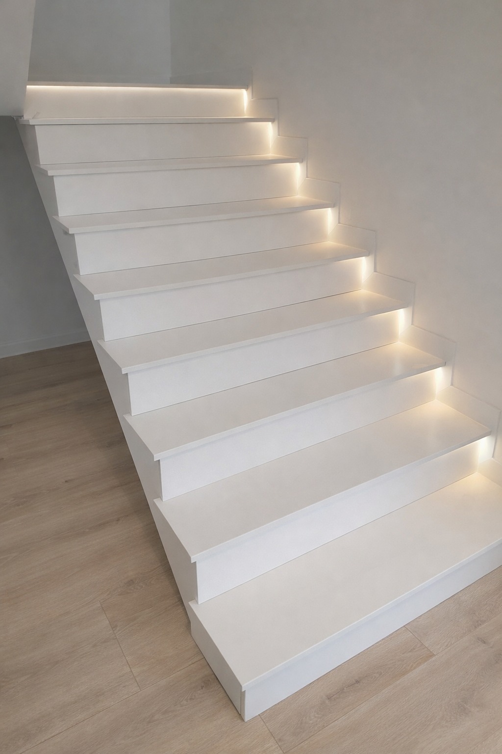 Białe schody z subtelnym oświetleniem LED pod stopniami, widok z dołu, minimalistyczny design, jasne drewniane panele podłogowe, nowoczesne wykończenie.
