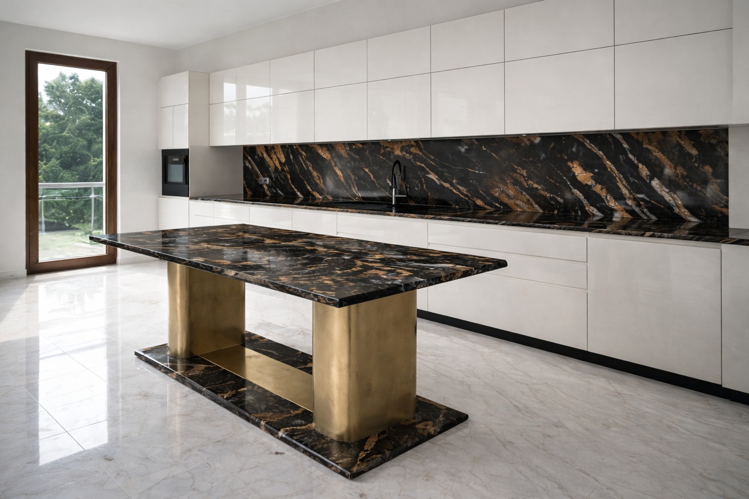 Ekskluzywna kuchnia z blatem z czarnego kamienia z złotymi żyłami, dopasowanym do wyspy kuchennej z podstawą w kolorze złota. Nowoczesne, białe szafki.