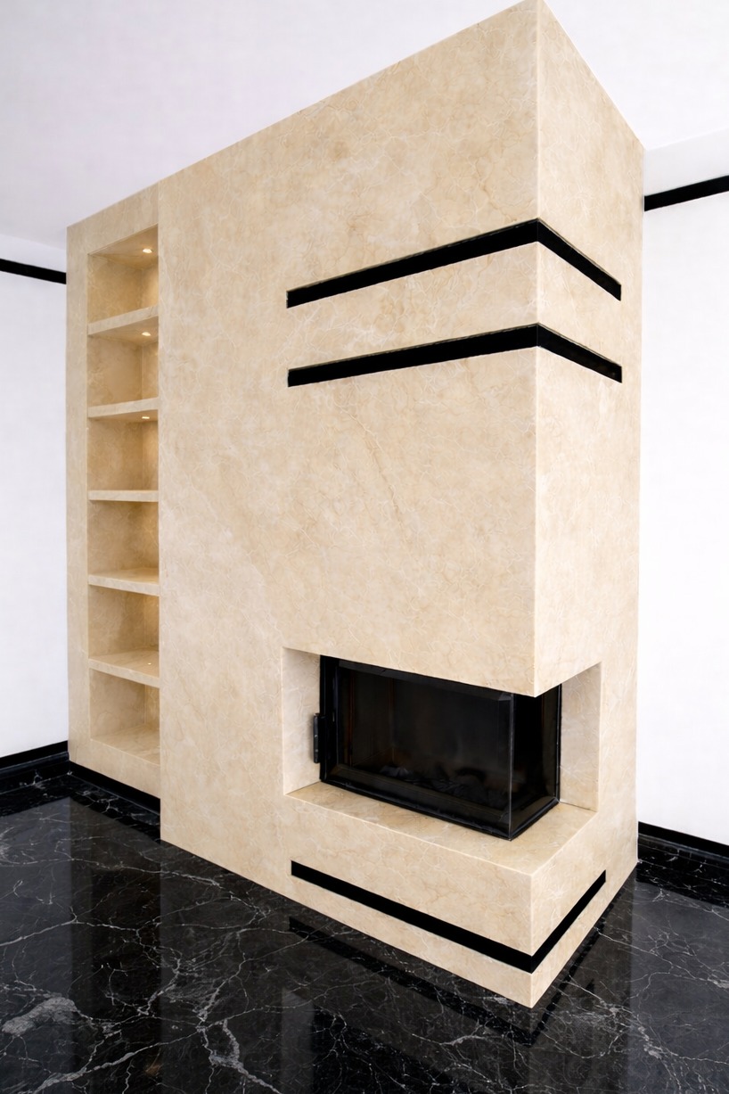 Kominek 🔥 Marmur - Crema Marfil Posadzka Marmur - Nero Marquina