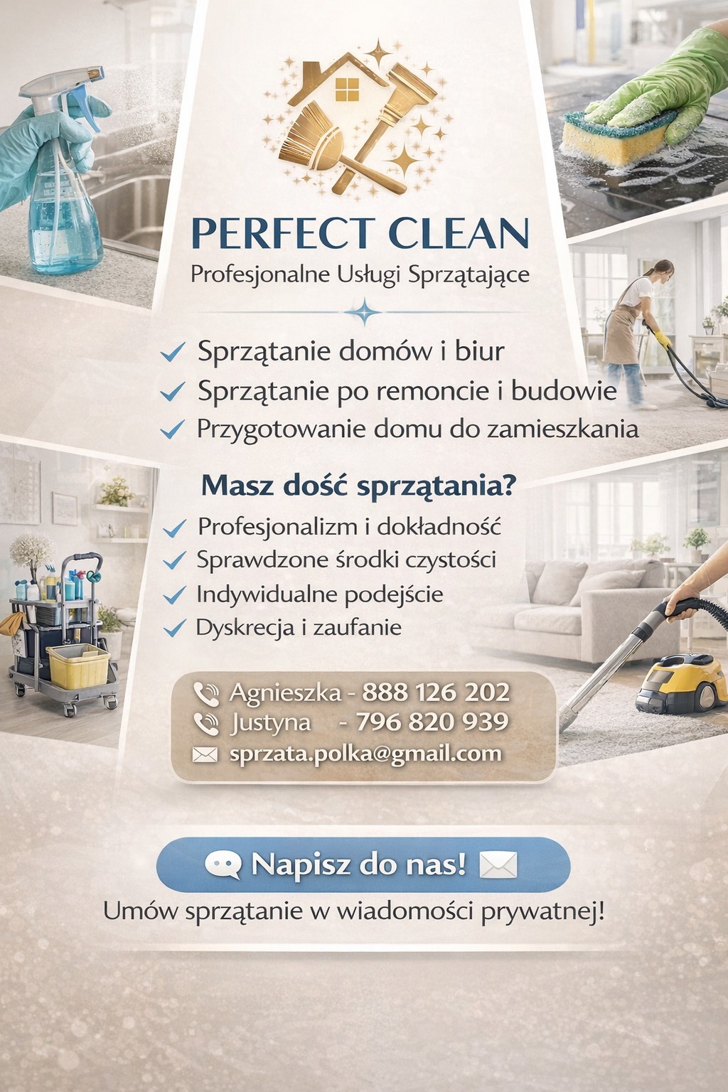 Profesjonalne usługi sprzątające Perfect Clean: sprzątanie domów, biur, po remoncie. Profesjonalizm, sprawdzone środki, indywidualne podejście, dyskrecja. Kontakt: Agnieszka, Justyna.
