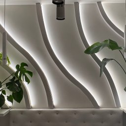 AM AUREUS WYKOŃCZENIA WNĘTRZ - Biała ściana z dekoracyjnymi, podświetlanymi listwami, roślinami w doniczkach i lampami wiszącymi. Nowoczesny design wnętrza z subtelnym oświetleniem.