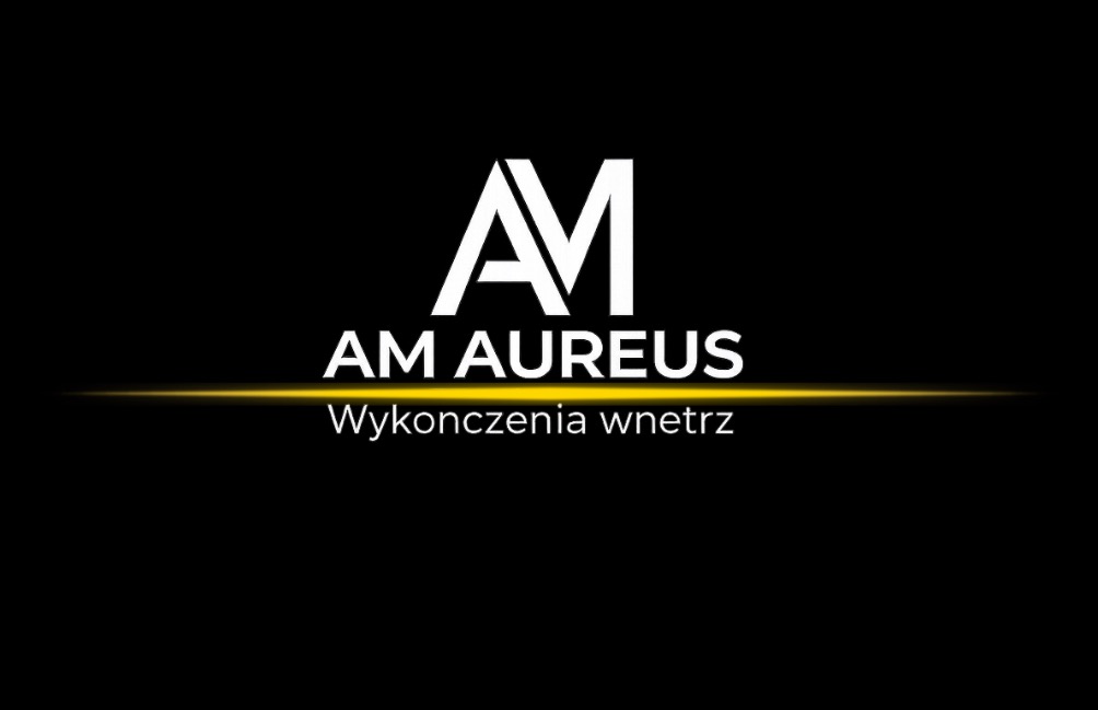 Minimalistyczne logo firmy AM AUREUS na czarnym tle z poziomą, złotą linią. Pod napisem widnieje tekst 'Wykończenia wnętrz'.