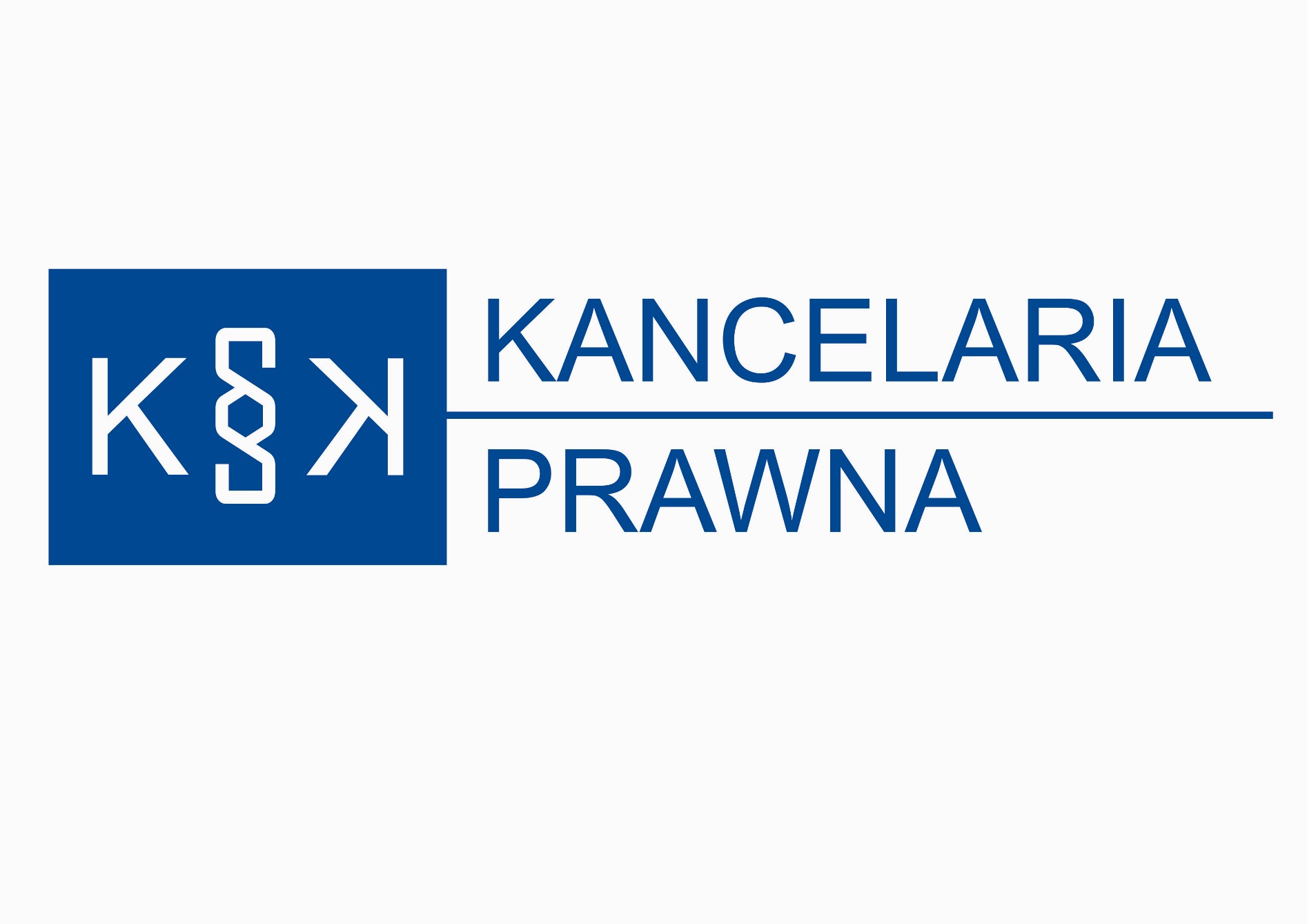 Logo Kancelarii Prawnej w kolorze niebieskim na białym tle, z inicjałami w kwadracie po lewej i napisem 'KANCELARIA PRAWNA' po prawej stronie, oddzielonym poziomą linią.