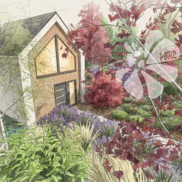 Domki modułowe z miejscami parkingowymi przeznaczone do wynajmu, otoczone barwnymi łąkami kwietnymi i kwiatami bylin.