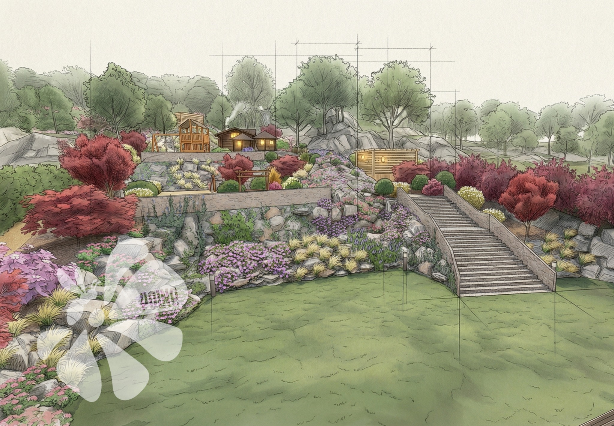 Szkic projektu zagospodarowania terenu hotelowego w górach: tarasowy ogród z kamiennymi murkami, schodami, roślinnością i drewnianymi budynkami w tle.