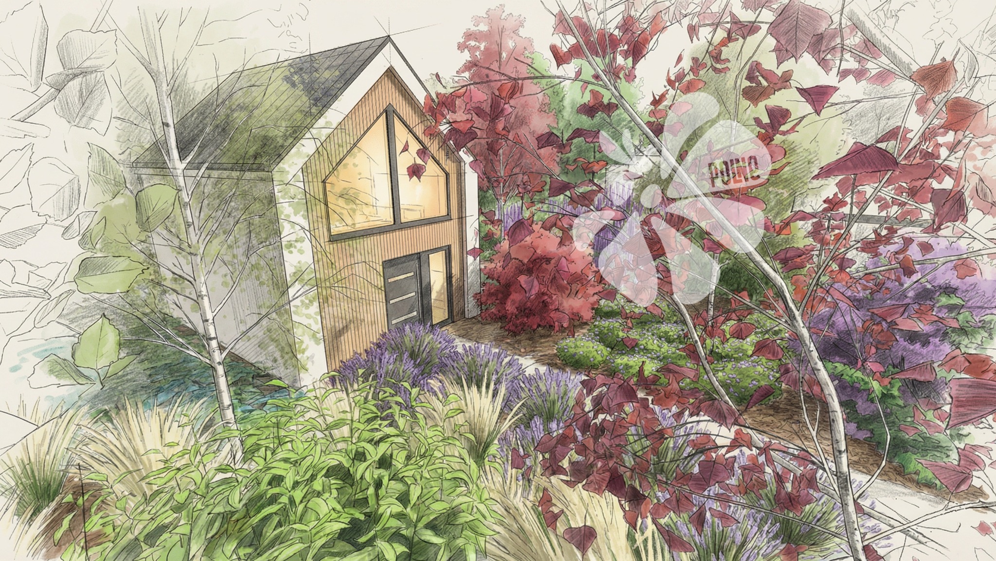 Domki modułowe z miejscami parkingowymi przeznaczone do wynajmu, otoczone barwnymi łąkami kwietnymi i kwiatami bylin.