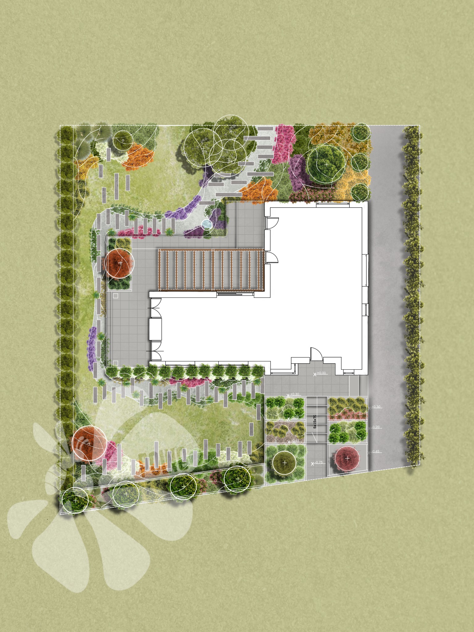 Plan zagospodarowania ogrodu z góry, ukazujący układ ścieżek, roślinności i elementów architektonicznych wokół domu. Widoczne zróżnicowane nasadzenia i kompozycja przestrzenna.