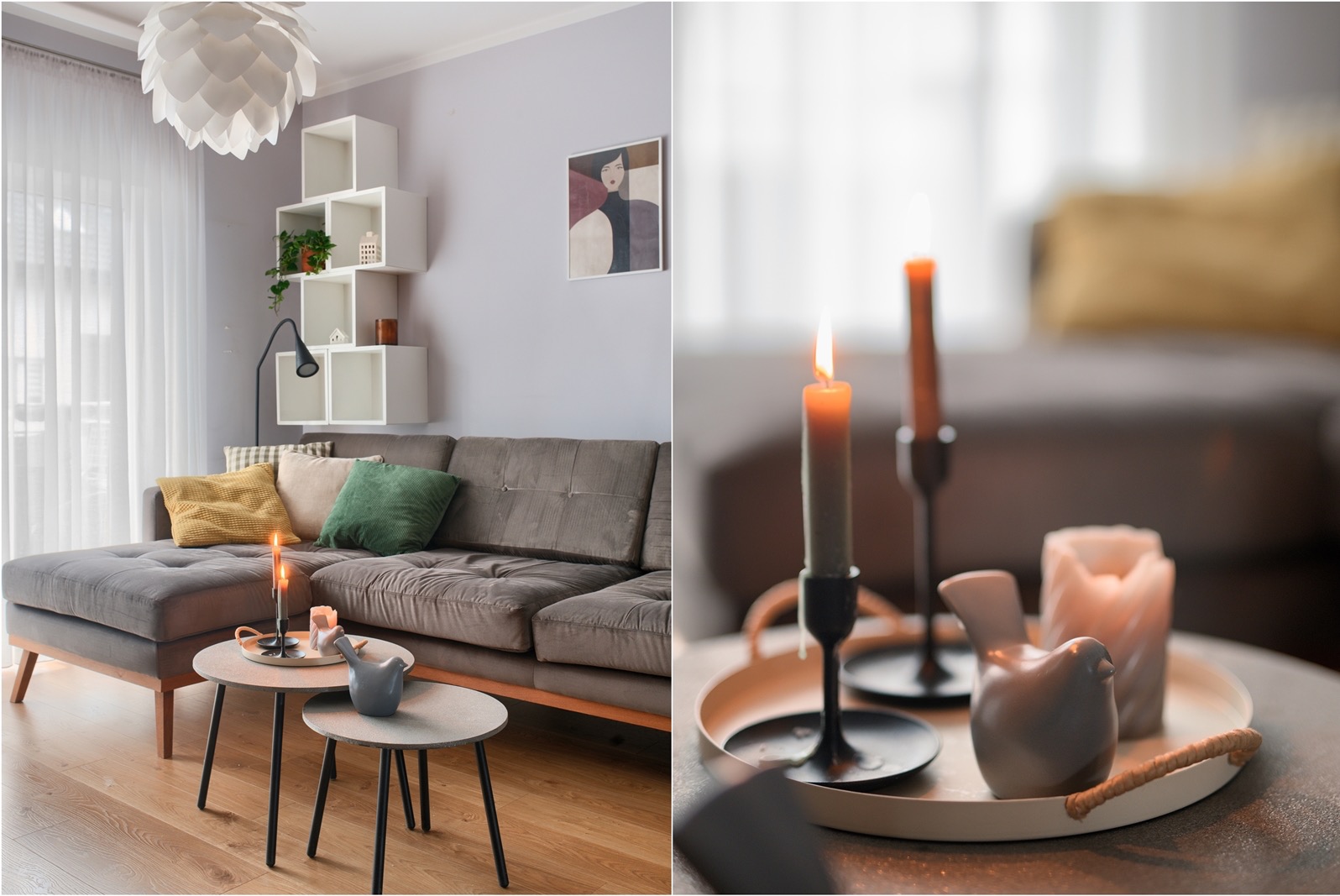 Stylowy salon z szarą sofą, drewnianą podłogą i stolikami kawowymi. Na stoliku świece i dekoracje. Po prawej zbliżenie na świece i figurkę ptaka.