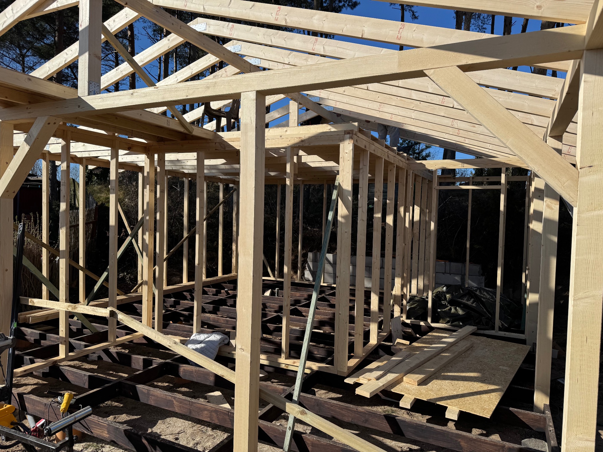 Drewniany szkielet konstrukcji budynku w trakcie budowy, widoczne elementy więźby dachowej i ścian, jasne drewno na tle błękitnego nieba i zieleni drzew.