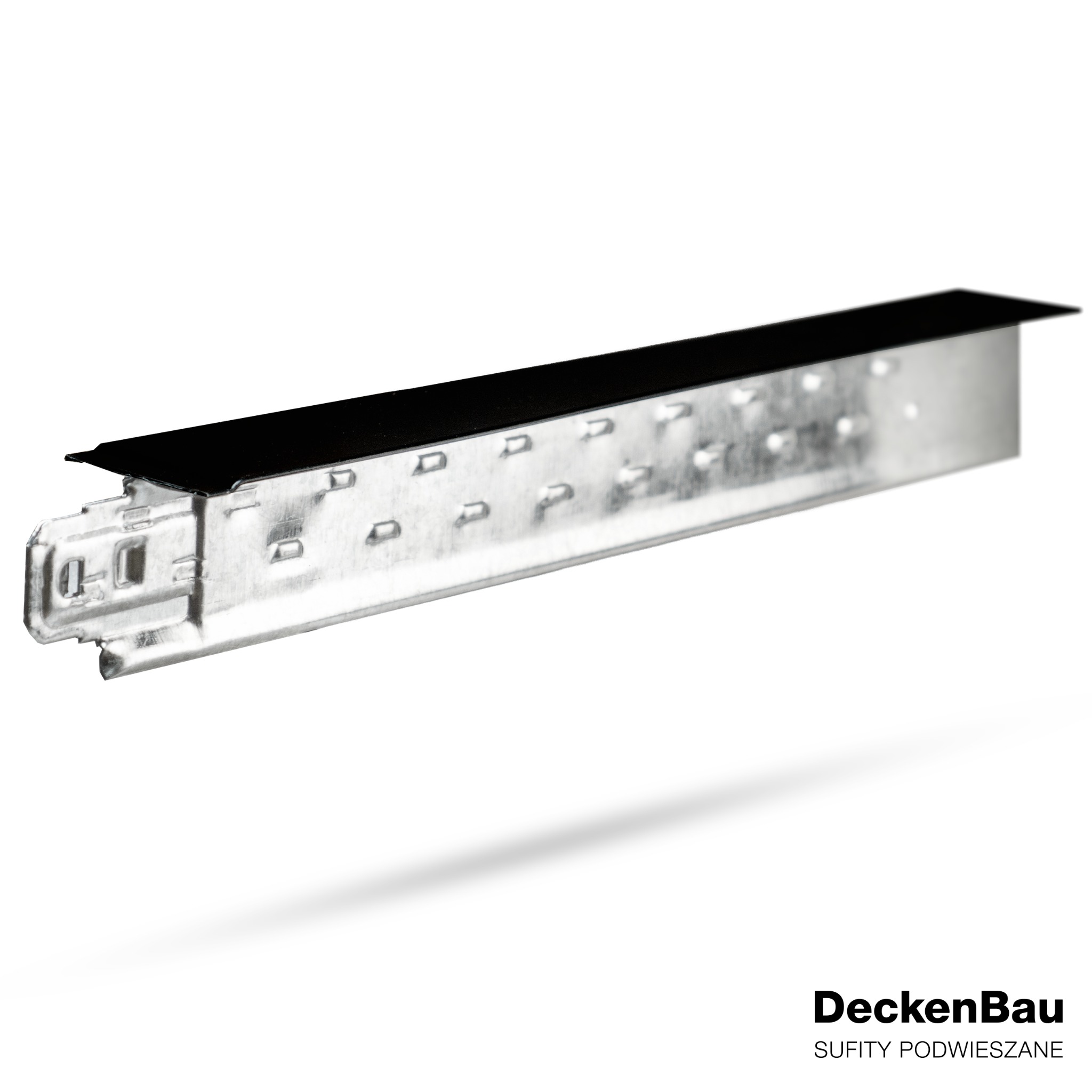 Metalowy profil sufitowy z czarnym elementem, widok z boku, oświetlenie studyjne, cień. Element konstrukcyjny do montażu sufitów podwieszanych.