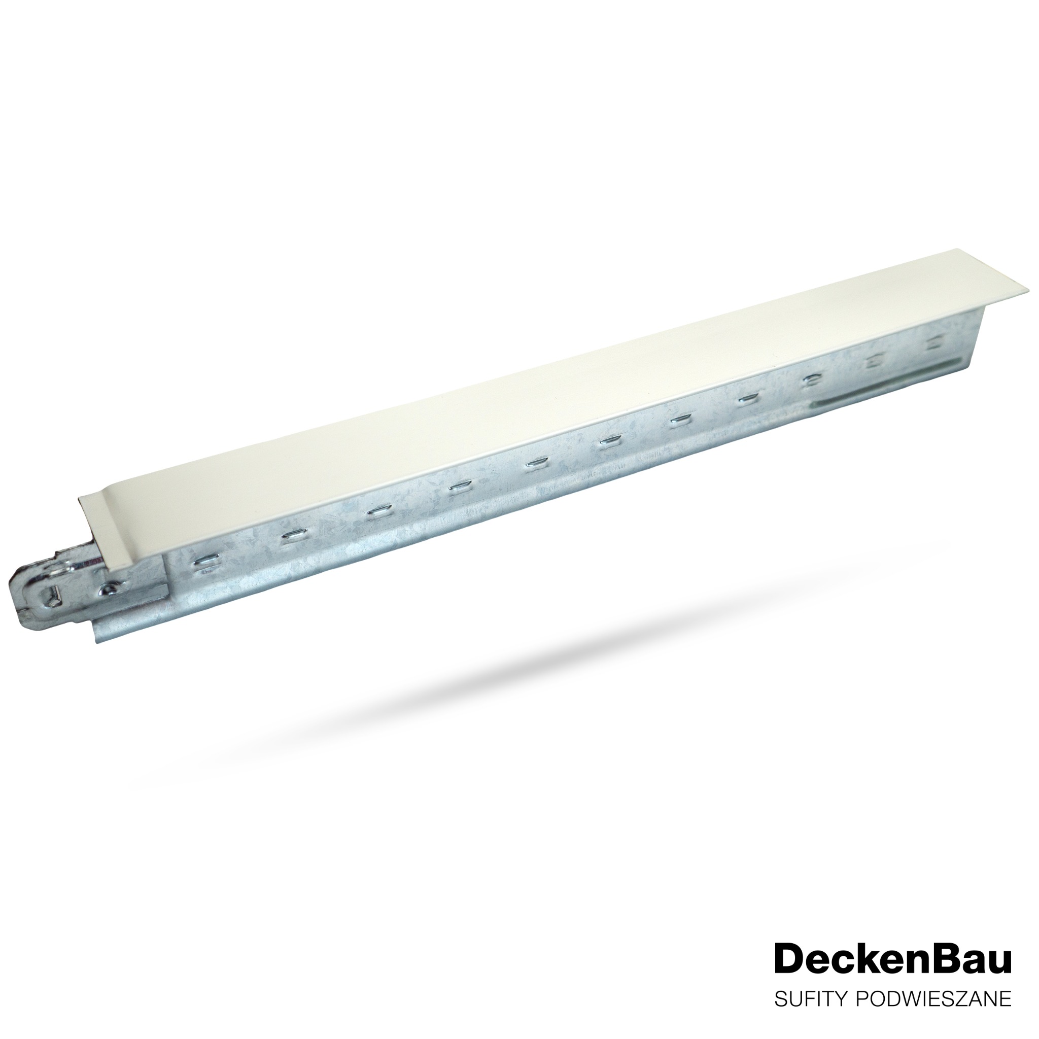 Metalowy profil do montażu sufitu podwieszanego, widoczny z boku, z charakterystycznymi otworami i elementami mocującymi. Biała górna część profilu.